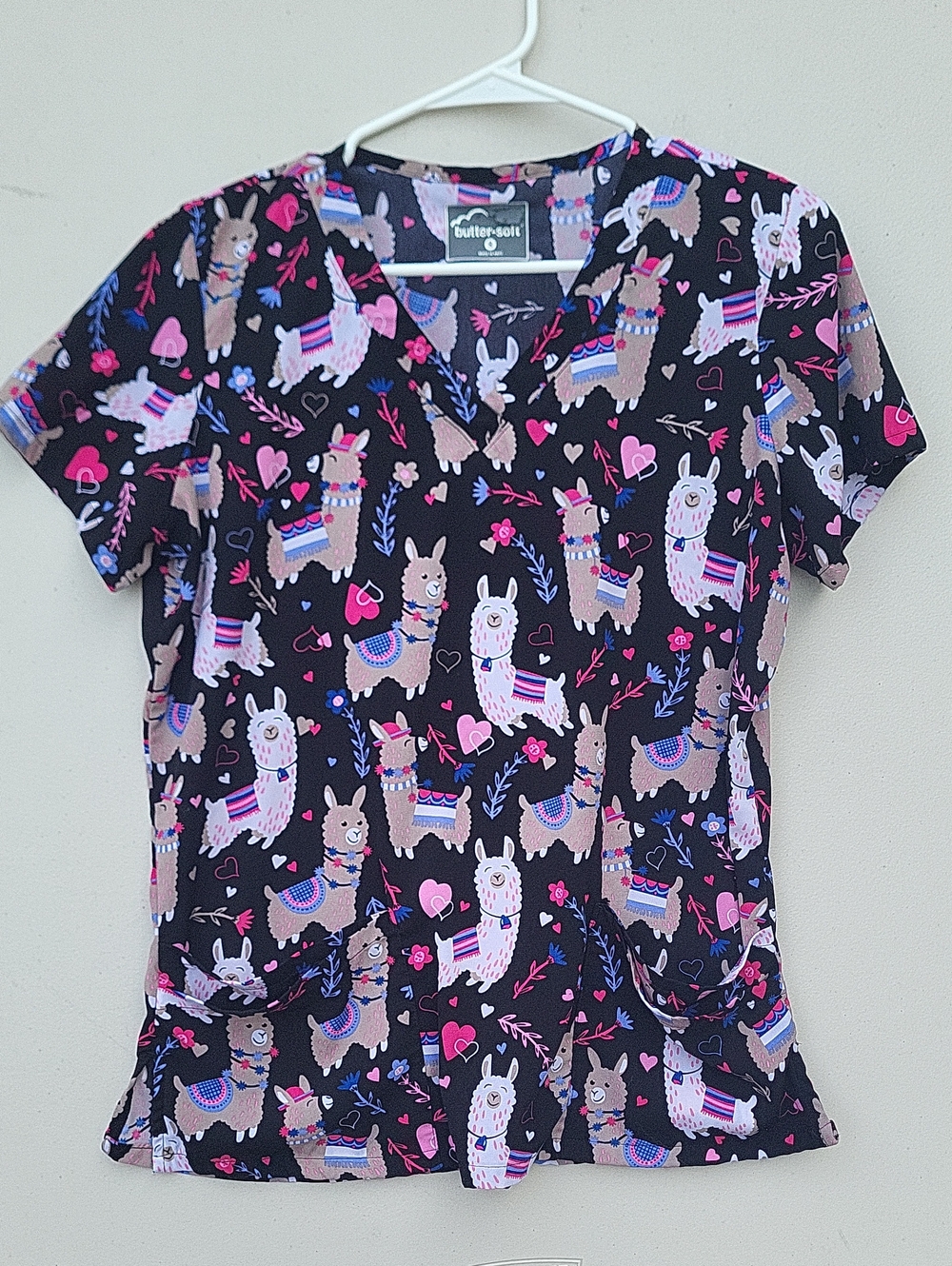 Butter-Soft Llama Print Scrub Top in Black with Pink & Blue Accents